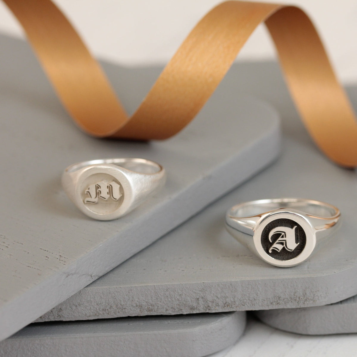 Gothic Initial Round Silver Signet Ring