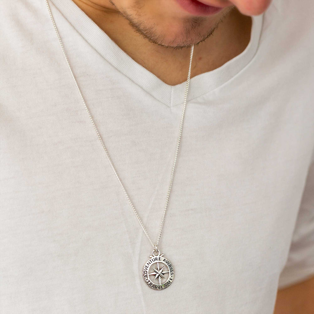 Travel Safe Outline Compass Large St Christopher Silver Necklace
