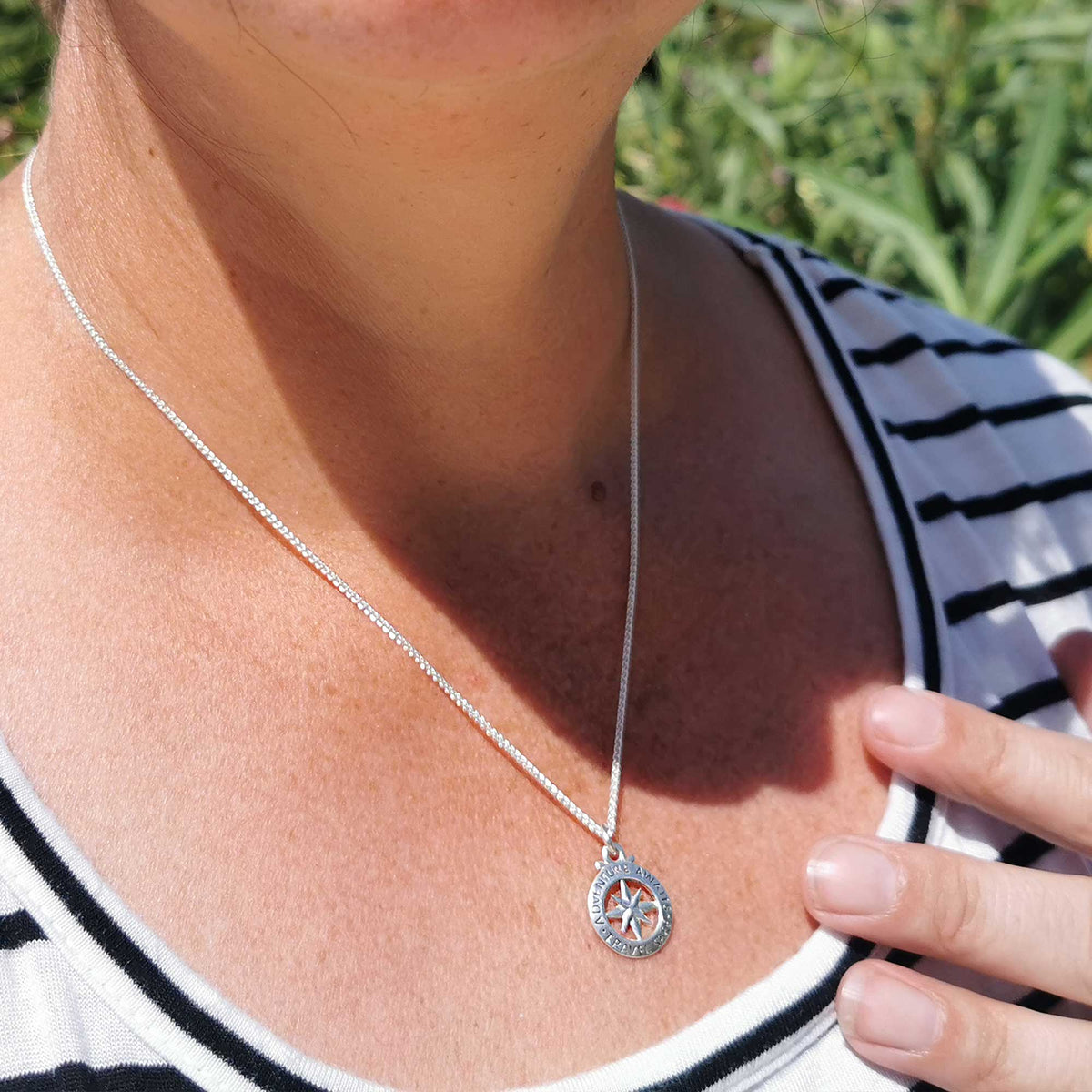 Travel Safe Outline Compass Silver Charm