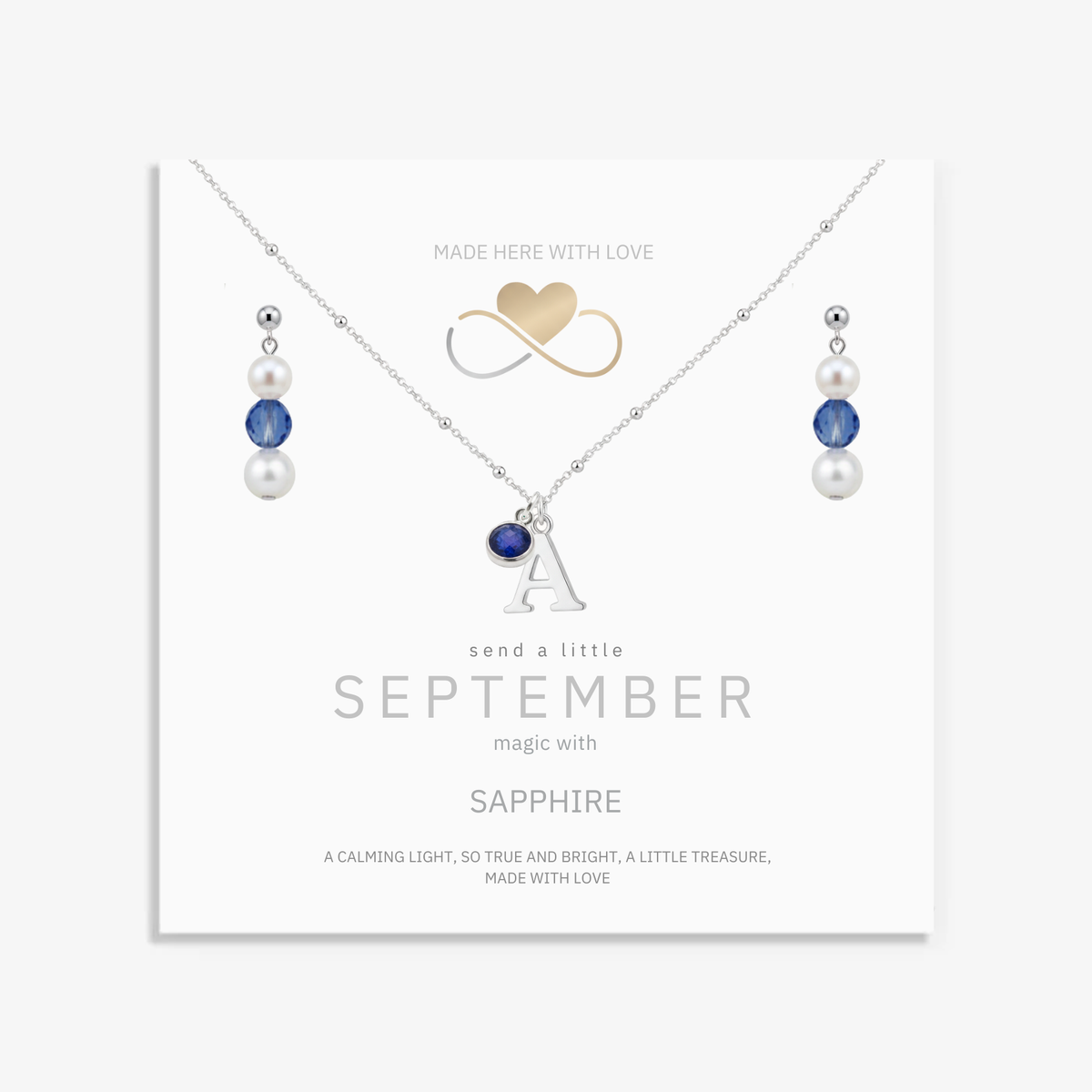 September Birthstone Jewellery Set | Pearl & Sapphire Earrings + Personalised Necklace