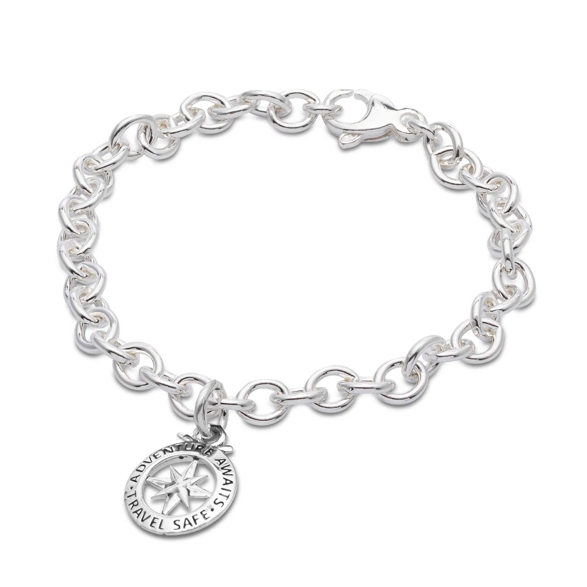 Travel Safe Outline Compass Silver Charm